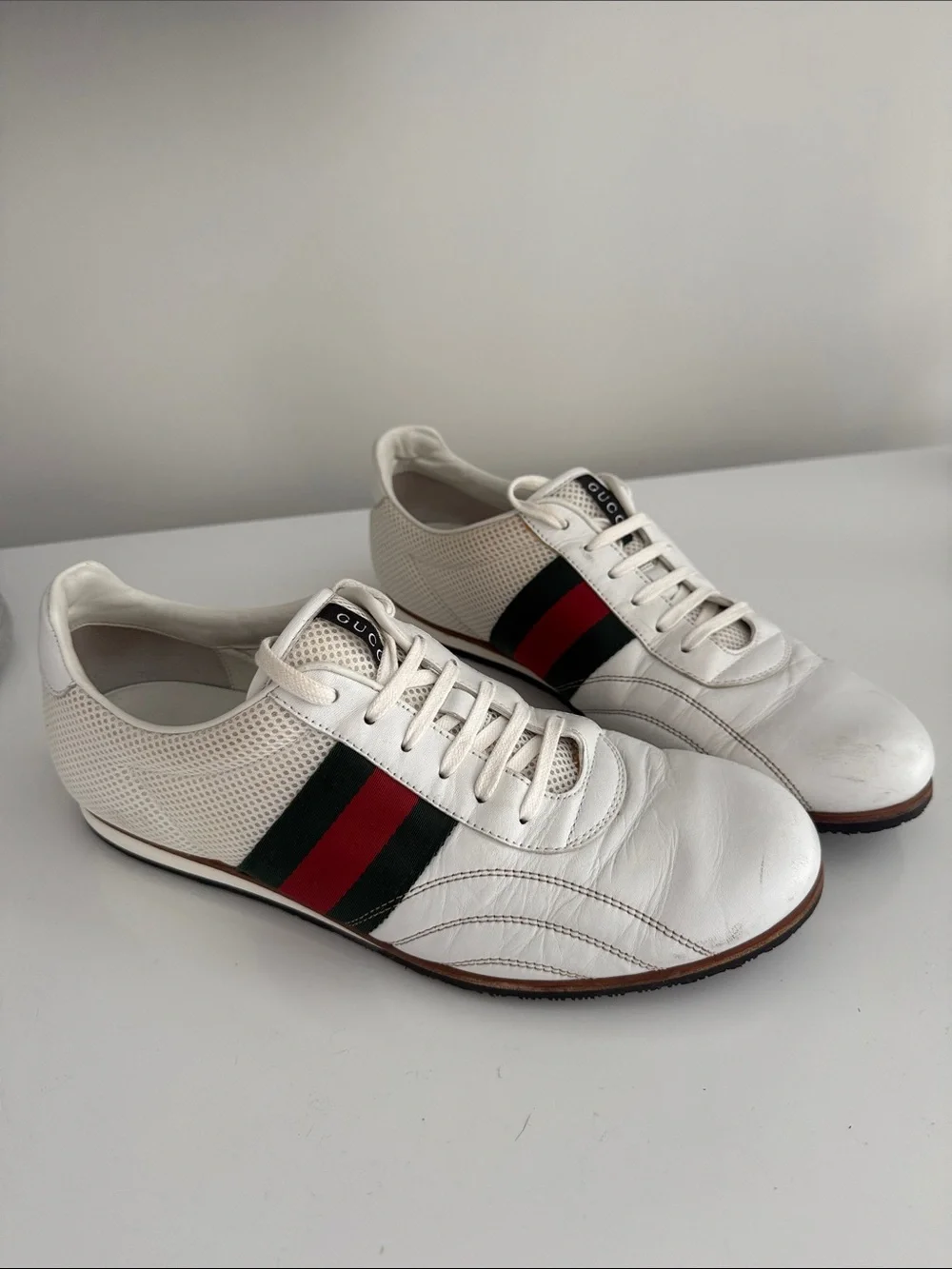Men’s Gucci White Leather Sneakers with Red and Green Web Stripe Accent